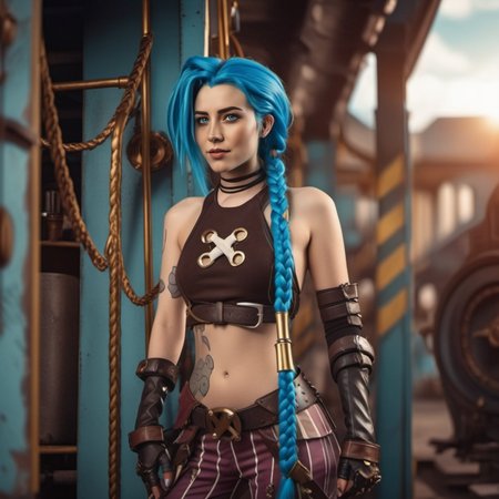 cinematic photo cinematic photo a woman, full body, and blue hair and braids is posing for a picture, steampunk city background <lora:Jinx1024-000260:0.8> . 35mm photograph, film, bokeh, professional, 4k, highly detailed
