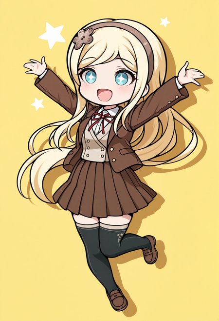 masterpiece, best quality, 1girl, chibi, solo, open mouth, smile, \\o/, midair, full body, <lora:SoniaDR-illu:1> dr3S0, blonde hair, long hair, brown hairband, hair ornament, blue eyes, school uniform, brown jacket, open jacket, white shirt, collared shirt, neck ribbon, red ribbon, vest, brown skirt, pleated skirt, black thighhighs, loafers, brown footwear, yellow background, star \(symbol\), drop shadow