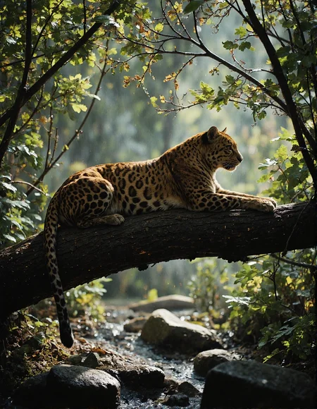 photograph taken in lush jungle lighting.  Picture a leopard with a spotted coat and whiskers, resting lengthwise on a thick, mossy tree branch. The leopard is positioned diagonally across the frame, facing right, with its tail hanging down. Dappled sunlight filters through the green leaves above, creating rim light around the leopard and casting shadows in the dense foliage behind. Below the branch, you can see rocks and more jungle vegetation. The scene is natural and serene, captured with a slightly low angle perspective, <lora:n30nfilm:0.9>, <lora:fluxenhancer:0.5>, <lora:CinematicStyleFlux_v1:0.7>, <lora:FantasyWizardWitchesFluxV2-000001:0.6>