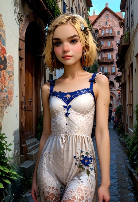 score_9_up, score_8_up, score_7_up, 1girl, solo, Maja Grunzeug, blonde hair, hair ornament, short hair, standing still, town, cute, waving at viewer, front facing, detailed background, girl focus, realistic , ExpresHGothicNeonIncase