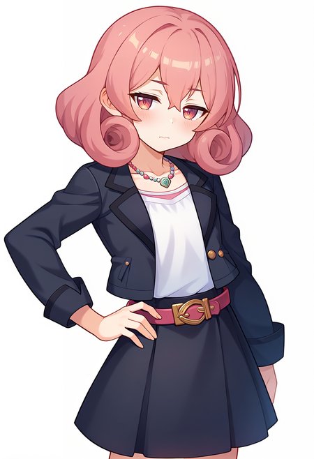 score_9, score_7_up, hd, (ultra hd quality details), source_anime, white background,
solo, 1girl, nenekapcr, curly hair,
skirt, black jacket, open jacket, shirt, jewelry, necklace, collarbone, long sleeves, black skirt, belt,
looking at viewer, blush, half-closed eyes, closed mouth,head tilt,
standing, hand on hip,
<lora:_neneka_pcr-elesico-ponyr1:1>