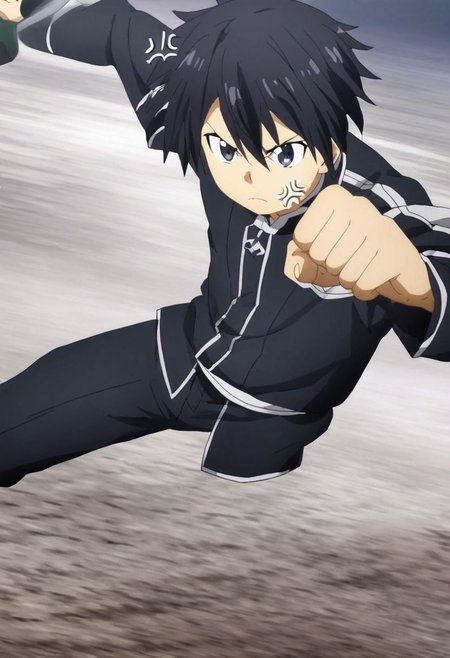 high resolution, solo, best quality, 1Boy, Kazuto Kirigaya, Black Hair, Black Eyes, anger, fight, OverallDetail
