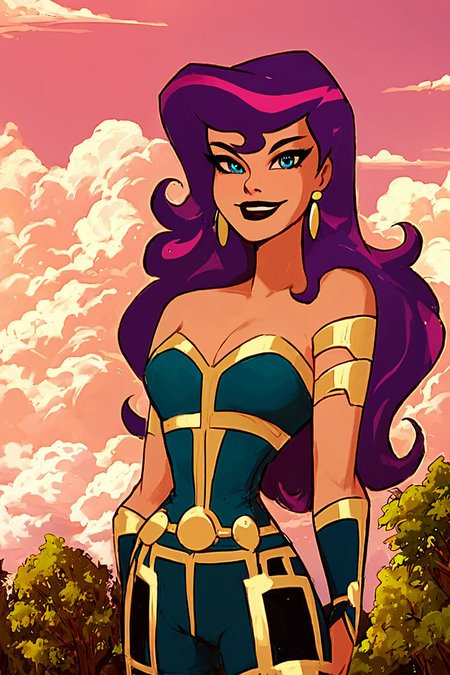 score_9, score_8_up, score_8, medium breasts, (curvy), cute, eyelashes,       BREAK, , ,,,    zzCirce, blue eyes, purple hair, long hair, bare shoulders, jewelry, earrings, makeup, lipstick, cleavage,  ,<lora:Circe_JLU_PDXL:1.0>,   ,,, , BREAK, smile, looking at viewer, cowboy shot, ,,, outdoors, sky, day, cloud, tree, blue sky, sunny,  ,,, Expressiveh, ,,, <lora:Alola_Style_PDXL:0.8>, <lora:Expressive_H-000001:0.4>,