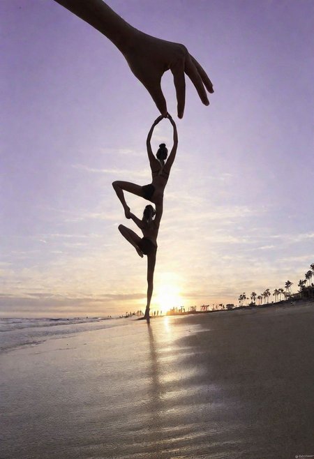 F-B-C, POV, silouhette, foreground: pincer fingers  , background: a woman doing a yoga figure on the beach with one leg raised  , effect: fingers pull woman's leg up