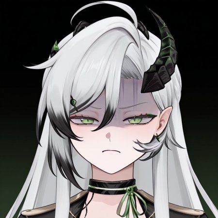 aka2nd, 1girl, solo, green eyes, mascara, slit pupils, grey hair, black hair, white hair, multicolored hair, very long hair, black choker, single horn, green horns, hair between eyes, ahoge, hair ornament, earrings, pointy ears,
looking at viewer, gloom \(expression\), disgust, half-closed eyes, v-shaped eyebrows, closed mouth,
