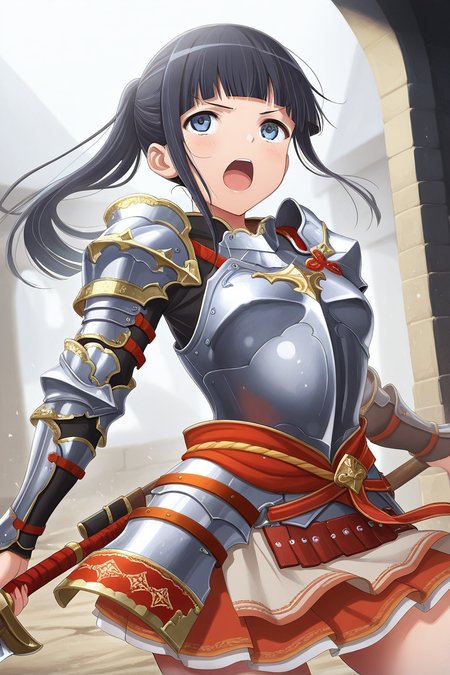 masterpiece, best quality, amazing quality,
 <lora:Mahiru_IL:1> mahiru, 1girl, solo, armor, blue eyes, breastplate, black hair, open mouth, ponytail, skirt, bangs, long hair, blunt bangs, weapon, shoulder armor