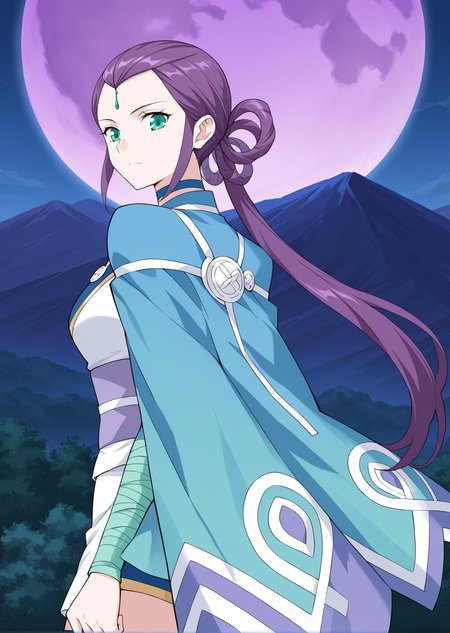 <lora:Feng_Qing_Er__Battle_Through_the_Heavens__Illustrious:1>
1girl, solo, purple hair, long hair, hair rings, hair bun, side bangs, forehead jewel, green eyes, anime style, blue and white outfit, oriental dress, short dress, battle robe, split sleeves, shoulder cape, high collar, gold accents, sash belt, blue thighhighs, thigh-high boots, zigzag trim, symbol buttons, gemstone accessory, martial artist, blue choker
score_9, score_8_up, score_7_up, source anime, BREAK, cowboy shot, (from side), looking back, looking at viewer, overlooking mountain, high altitude, scenery, exterior, background, (solo), night, purple moon,