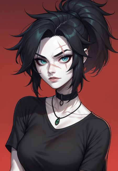 score_9, score_8_up, score_7_up, 1girl, solo, pale skin, black hair in a ponytail, (green|blue) eyes, black choker necklace, black shirt, scar over one eye, black and red gradient background