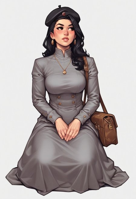 <lora:f4nto_v2:50>, f4nt,
retro artstyle,1980s \(style\), science fiction, realistic, solo focus, 
<lora:retro-comic-80:1>, 
1girl, solo, black hair, hat, long hair, grey dress, dress, black headwear, white background, sitting, leaning to the side, long sleeves, beret, arm support, looking to the side, simple background, realistic, jewelry, yokozuwari, brown eyes, earrings, blush, bag, (((full clothed))),
BREAK 
strange world background score_9, score_8_up, score_7_up, score_6_up, source_cartoon, rating_explicit, Expressiveh, (((((full body))))), dynamic pose