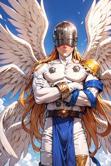 very awe,aesthetically pleasing,masterpiece,best quality,amazing quality,very aesthetic,ultra-detailed,high resolution,8k,1boy,solo,cowboy shot,male focus,detailed face,wings,angel wings,digimon,multiple wings,(creature),helmet,long hair,feathered wings,armor,blonde hair,belt,gloves,covered eyes,standing,crossed arms,blue sky, looking at viewer,<lora:Angemon:0.7>,angem0n,