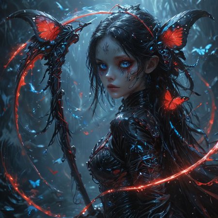 solo, goddess of death, scythe with glowing light lines, blue and red butterfly and aquatic motifs, by Giger, Tim Burton, Artgerm, hyperdetailed, Rainbowiridal eyes