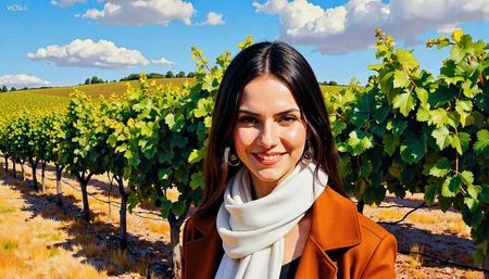 <lora:dafne-keen-dev2pro-lora:1>,DK woman, smile,,apathetic,Tiefling,a vineyard during harvest season,in the style of abstract futurist painting,style by John Buscema