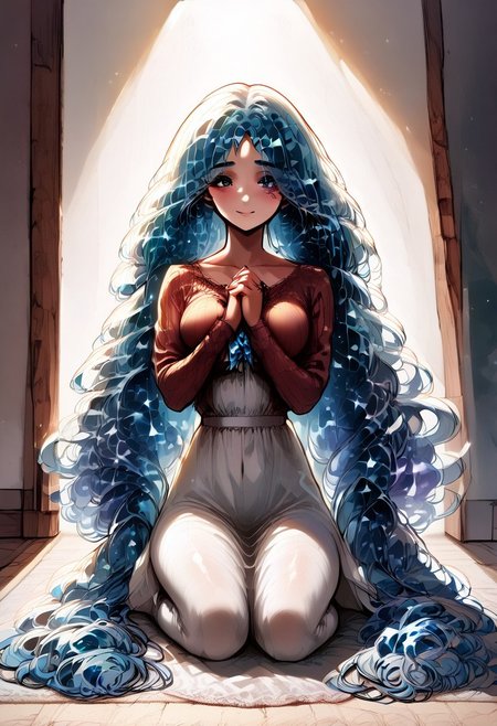 score_9, score_8_up, score_7_up, flat colors, thick lines, anime style, simplistic artstyle, 1girl, 20 years old, smile,smirk,reassuring, smug,kiss, kiss pov, raised eyebrows, transparent glow hair,Cosmic Hair, hair over eyes, hair over face, hair over body, drill hair,  very long hair, floor length hair, incrsxlcrystalhair,crystal hair, shiny hair, hair between breasts, crystal blue eyes, big eyes, big breasts,victorian dress,((breasts squeeze with elbows)), thicc, thick thighs, white cotton tights, ribbed tights,squishy, looking at viewer, standing, arms behind back, embarrassed eyebrows, looking at viewer, from above,praying,oppaiprayer, own hands together,godrays,rays,light rays,blush, shy