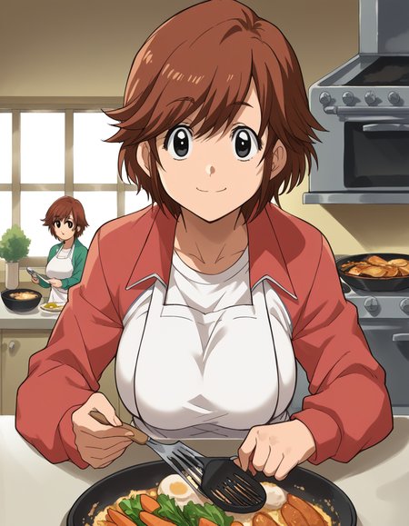 score_9, score_8_up, score_7_up, source_anime, <lora:kyouko-houin-s1-ponyxl-lora-nochekaiser:1>, kyouko houin, short hair, large breasts, brown hair, black eyes,, long sleeves, jacket, track jacket, open jacket, shirt, white shirt, track pants,, kitchen, cooking, apron, cutting vegetables, home cooking, smile, <lora:the-pose-ponyxl-lora-nochekaiser:1>, the pose, on stomach, feet up, lying, soles, feet, legs up, head rest, barefoot, looking at viewer, solo,, dutch angle, cowboy shot