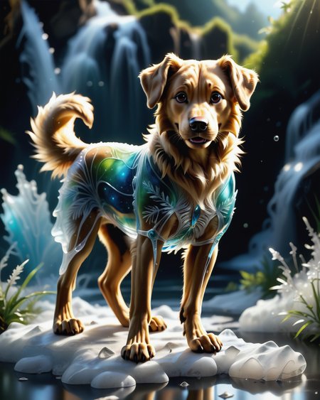 score_9, score_8_up, score_7_up, intricate details, rating_safe,
<lora:BioIceCrystalsPONY:1>, 1boy(made out of Jed-Blmicry, bioluminiscence, translucent,
golden retriever,
full body, looking at the viewer, solo, smiling), detailed background, depth of field, subsurface scattering, 
<lora:ral-chrosc-clr:0.3>, ral-chrosc-clr,
<lora:xl_more_art-full_v1:0.3>,
<lora:add-detail-xl:0.3>