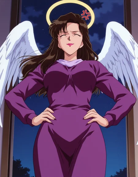 1girl,solo,masterpiece,best quality,anime screencap, 1990s \(style\),
<lora:fujimura naomi_conan_v1_IL:0.6>,(meitantei conan:0.3), fujimura naomi,brown hair,black hair,lipstick,arched bangs,wave hair,purple dress, long hair,  long sleeves, dress,mature female,halo,angel wings
my room,anger vein,false smile,closed eyes, closed mouth, from below,night, darkness,hands on own hips, straight-on,