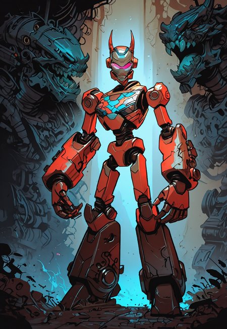 MythAn1m3, INCASE Style,   Title: "Detailed Illustration - Futuristic Armored Figure"  Art Style: A detailed and intricate illustration reminiscent of traditional Japanese art, with a focus on bold lines, sharp contrasts, and a rich color palette dominated by red, white, and black. The style emphasizes complexity, depth, and a sense of power.  Subject & Details: The main subject is a humanoid robot with a complex mechanical design, featuring a helmet with a visor, sharp teeth, and intricate patterns and textures. The robot's body is adorned with various mechanical components, gears, and other mechanical parts, all meticulously arranged to create a sense of depth and complexity.  Visual Elements: The figure's complex mechanical design, helmet with visor, sharp teeth, and intricate patterns and textures contribute to the detailed and powerful appearance of the image. The minimalistic background allows for focus on the robot's detailed design without distraction. The overall color palette is dominated by red, white, and black, emphasizing the intensity and power conveyed in the illustration.  Composition: The composition focuses on the detailed and intricate design of the humanoid robot, with a minimalistic background to allow for focus solely on the figure's complex mechanical elements. Attention to detail in the character's facial expressions, body language, and physical characteristics helps create an immersive experience that tells a story or evokes emotions without relying on text. The overall color palette and bold lines add depth and visual interest to the image while emphasizing the sense of power conveyed.  Additional Details: The detailed illustration of the futuristic armored figure exudes intensity and power, with the traditional Japanese art style contributing to a sense of complexity and depth. The focus on bold lines, sharp contrasts, and a rich color palette draws the viewer in and invites them to explore the intricate details of the humanoid robot's design. solo, red_eyes, horns, teeth, no_humans, sharp_teeth, robot, mecha, science_fiction