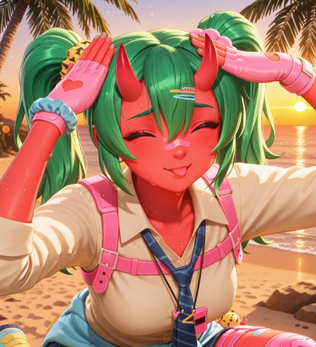(dance, sparkling, happy, smile:1.2), (portrait, AhEtoBlehMeme, closed eyes, tongue out, :p, hands on own head, smile, looking at viewer, depth of field, bokeh, sunset, golden hour, beach, sand, palm tree, ocean, rocks, detailed background:1.5), fortnite_nemia, 1girl, solo, green hair, twintails, ponytail, long hair, bangs, hair between eyes, hair over one eye, ears, horns, oni horns, single horn, red skin, pink skin, blue eyes, parted lips, bandaid, bandaid on nose, bandaid on thighs, breasts, shirt, school uniform, necktie, plaid skirt, thighhighs, socks, loose socks, boots, jewelry, earrings, bracelet, charm, belt, gloves, fingerless gloves, knee pads, leg warmers, collarbone, solo, colored skin, hair ornament, hairclip, scrunchie, holster, striped necktie, clothes around waist, oni, plaid, charm (object), blue necktie, sweater around waist, animal print, heart, shoes, star (symbol), thigh holster, (female focus, female_focus, sweating, sweat:1.8),  <lora:Fortnite_Nemia_Demonically_Cute_Set_ILXL_E41_16_DIM:0.7>, <lora:dmd2_sdxl_4step_lora:1> <lora:AhEtoBlehMeme_illusXLNoobAI_Incrs_v1:1>