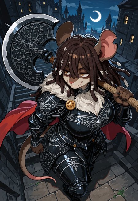 newest, very aesthetic, 
 score_9, score_8_up, score_7_up, high quality, newest, highres, (close up), solo, 1 ratgirl, fur around neck, armored, fur along armor, (black armor), female knight, gray fur, royalty, (furry), curvy, long hair, wavy hair, wild hair:2, dreadlocks, (large dreadlocks), puffy dreadlocks, from above, seated, tattered cape, resting axe on shoulder, white highlights, wielding large axe, crescent shaped axe, action pose, swinging axe, battle pose, smirk, smug, on stairway, stepping up, (dark brown fur), countershade fur, rat tail, rat ears, (huge breasts), holding axe, pose, dynamic angle,  flowing cape, curvy, seductive gaze, lustrous armor, (large breasts:2), castle in background, night, moonlight, (castle town), town street, portrait,
,  black lighting, thin white outline, (sharp detail), masterpiece ,amazing quality, (intricate details:2) ,
