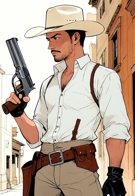 Art by moebius, Illustration, Style inspired by combining the art of Ryo Takemasa and Mike Mignola, J.C. Leyendecker Style page, best quality, masterpiece, dark, closeup, (Cel Shaded Art, 2D, flat color, toon shading, cel shaded style), close up from below of a Western gunslinger, black eyes and short straight hair,  wearing a cowboydress with a cowboy hat a, the gunslinger is standing in a busy wildest city street, gunslinger stands contrapposto, one hand on the swm29
 