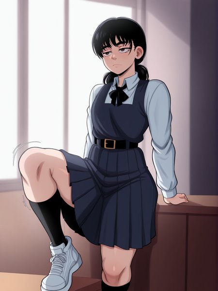 (masterpiece, amazing quality, best quality), <lora:blackwhiplash(bwl)-guy90-Illust-Lycorisv1:1>, blaash, motion lines, cinematic lighting, shadows, lighting,
 <lora:Asa:1>, mitaka asa, 1girl, solo, long hair, low twintails, twintails, black hair, 
shirt, white shirt, collared shirt, long sleeves, dress, sleeveless dress, blue dress, pinafore dress, pleated dress, school uniform, fourth east high school uniform, bow, ribbon, neck ribbon, black ribbon, bowtie, black bowtie, black bow, skirt, belt, black belt, belt buckle, socks, black socks, shoes, white footwear, sneakers
brown eyes,