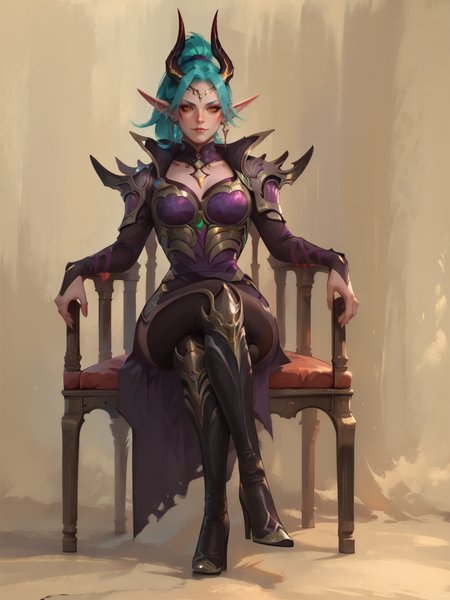 score_9, score_8_up, score_7_up, BREAK, Karina, 1girl, solo, turquoise ponytail hair, long ears, diadem with horns, golden eyes, armored shoulder pads, purple breastplate, black gloves, black pants, black boots, sitting in a luxurious armchair, smirk, arrogance look, crossed legs, wodeipoi <lora:Karina:1>   <lora:wodeipoi:1>