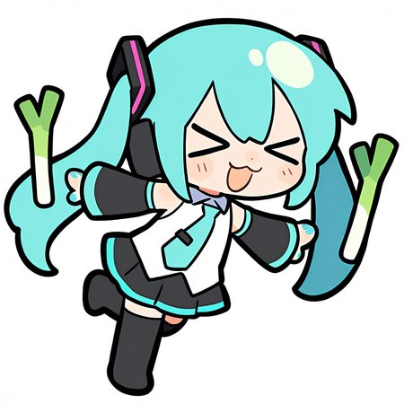 1girl, 
solo, simple background, white background, chibi, full body, pose, long hair, pleated skirt, very long hair, necktie, black skirt, detached sleeves, aqua necktie, long sleeves, boots, :3, skirt, spring onion, smile, tie clip, thigh boots, blush stickers, open mouth, shirt, white shirt, closed mouth, standing on one leg, >_<, standing, hair ornament, aqua nails, aqua eyes, closed eyes, black footwear, thighhighs, twintails,
masterpiece, best quality, very aesthetic, newest, absurdres, incredibly absurdres
 <lora:luodedaonoob-000006:1>