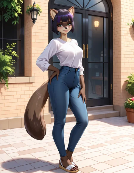 masterpiece, best quality, very aesthetic, absurdres,
outdoors, casual, 
full body, posing, 
seductive smile, parted lips, long eyelashes,
 <lora:Ena_v01_NAIXL:1>
3n4,1girl,solo,furry,furry female,raccoon girl,racoon ears,short hair,black hair,purple hair,blunt bangs,bob cut,green eyes,snout,animal nose,body fur,two-tone fur,racoon tail,
