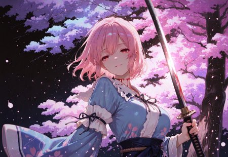 safe_pos, masterpiece, best quality, very aesthetic, absurdres,
saigyouji yuyuko, 1girl, solo, red eyes, pink hair, short hair, medium large breasts, younger,
simple blue kimono, long sleeves, wide sleeves, sash, ribbon, upper body,
katana, detailed katana, holding a (very long:1.2) katana, bleeding neck, blood on blade
correct fingers, dynamic pose, smile, beautiful eyes, detailed eyes, no expression, (sorrow:1.2), (grief:1.2), emotionless, lipbite, serious, wide-open eyes
outdoor, very dark background, floating cherry blossom in air,
tree focus,  
leaning on a dead tree with (giant huge:1.5) trunk,  trunk wrapped with a shimenawa rope,
pastel colors, gradient color, soft fill light, (ambient light), (dynamic light), vivid colors, high contrast, 
raytracing, volumetric lighting, (light particles:1.2), glowing particles, (floating particle light:1.1), gradient color,
shiny, glitter,
tense atmosphere, lonely atmosphere, sad atmosphere,
atnr style,
((4k,8k,Ultra HD)),((Masterpiece :1.2)),((Best quality :1.2)),((Detailed :1.2)), ((Detailed eyes:1.2))