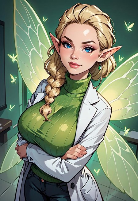 score_9, score_8_up, score_7_up, score_6_up, score_5_up, score_4_up, beautiful fairy woman, mature, long blonde braided hair, reij-hrstyl01 hairstyle, elf ears, detailed blue eyes, bright blue eyes, soft round jaw, magical aura, (delicate glowing wings with green patterns:1.4), (fairy wings:1.3), huge breasts, doctor, black pants, olive green turtleneck, labcoat, seductive, exam room,