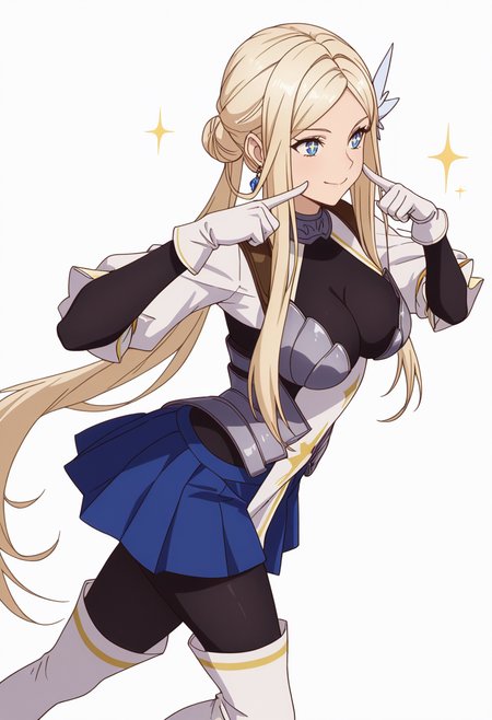 Smooth Quality,masterpiece,very intricate, high quality details, ultra realistic, high detailed skin,detailed enviorement,absurdres,
simple background, white background, dancing, solo,dynamic angle,
 <lora:Krishna_CNR:0.8> krishna_cnr, 1girl,blonde hair,very long hair,single hair bun, sidelocks, parted bangs, blue eyes, breasts,white hair ornament, earrings,armor, breastplate, armored dress, blue skirt, pleated skirt,white gloves, black pantyhose,white thigh boots,, fingersmile,, + +,