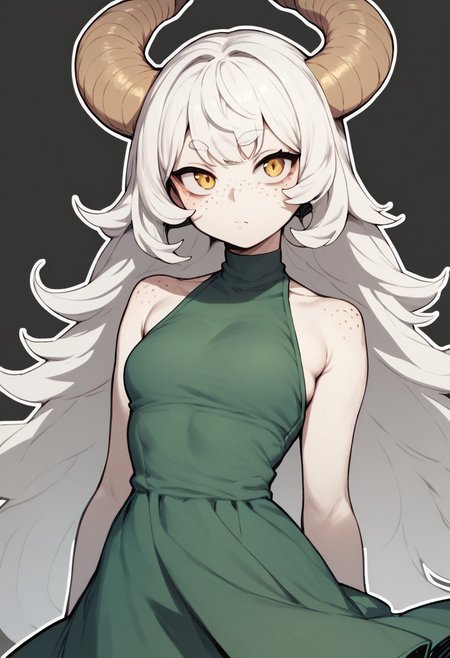 score_9, score_8_up, score_7_up, thick outlines, outline, black outline, 1girl, solo, twisted ram's horns, freckles, white hair, long bangs, golden eyes, pale skin, green dress, medium shot