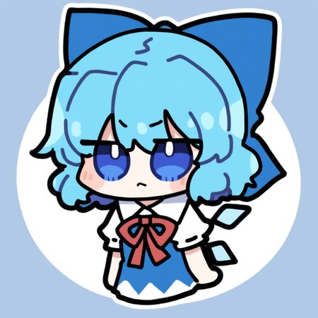 chibi,solo,1girl,cirno,touhou,blue hair,bow,short hair,hair bow,wings,blue eyes,blue bow,ice wings,ribbon
<lora:Oldstore_noob_4:1>,