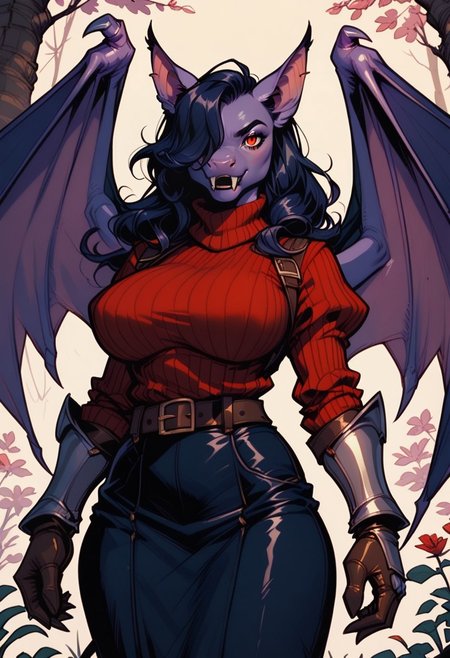 score_9, score_8_up, score_7_up, score_6_up, (anthropomorphic bat woman), w1ngs, large demon wings, (large bat ears), slender body, purple skin, black fur, sharp fangs, red eyes, long black hair, (hair over one eye), huge breasts, long sleeves, sweater, ribbed sweater, puffy sleeves, breastplate, ribbon, red ribbon, gauntlets, glove, brown gloves, belt, skirt, armor, outdoors, forest, nature,