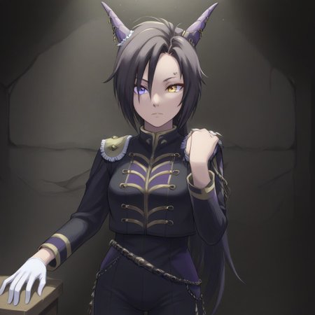 Naruto_Manda, (hybrid snake human), female, purple religious tunic, sleeves, hood, scaly skin, (scales:2), green eyes, reptile eyes, inside cave, human bones on floor, jewelry, holding human skull, airshakurprime, low wings, horse tail, sharp teeth, horse ears, ear ornament, single ear cover, horns, heterochromia, purple eyes, yellow eyes, black jacket, epaulettes, aiguillette, long sleeves, white gloves, black pants, eyebrow piercing, ear piercing