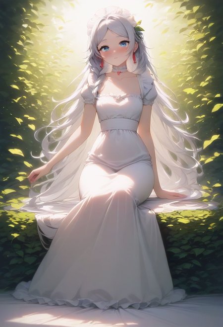 score_9, score_8_up, score_8, absurdres, masterpiece, best quality, highest quality, ultra-detailed, intricate detail, beautiful face, detailed face, detailed eyes,
BREAK,
1 girl, small, cute, petite, short, blush, innocent face, blue eyes, small breasts, silver hair, long hair, lush hair, thick long braid, hair ornament, long hair, fair skin, round butt, frieren,
BREAK,
black and white maid uniform, elegant maid dress, long dress, white pantyhose, full body shot, in a bedroom, choker, collarbone, submissive, messy hair,