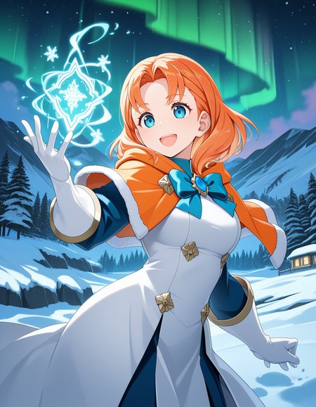 (4k4t4), <lora:1_illu_akata_itsuki_16e:1>, 1girl, annette_fantine_dominic (post timeskip), fire emblem, orange hair, blue eyes, medium hair, parted bangs, orange capelet, brooch, blue bow, white gloves, long gloves, white dress, blue sleeves, smile, open mouth, magic, fjord, snow, aurora, (masterpiece, best quality, amazing quality),
