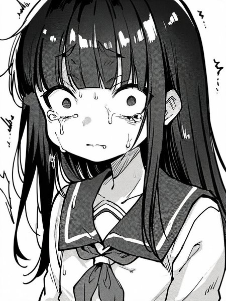 score_9, score_8_up, score_7_up,  
1girl, monochrome, long hair, black hair, blunt bangs, flat chest, serafuku, long sleeves, wide-eyed, constricted pupils, upper body, looking at viewer, closed mouth, trembling, white background, tears