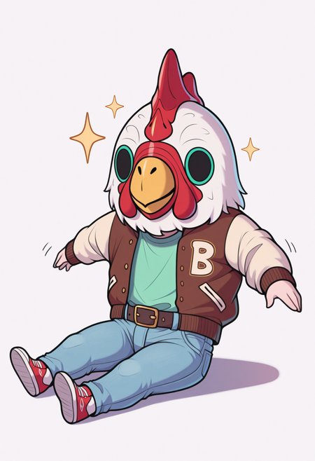 masterpiece, best quality, 1boy, solo, JacketHotlineMiami, mask, letterman jacket, open jacket, green shirt, belt, jeans, sitting, on floor, smile, sparkles, spread arms, chibi, meme, thick lines, simple background, white background, <lora:ChamJacketHMIllustriousXL:1>