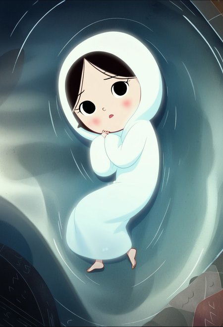 zPDXL3, source_cartoon, Perfect Hands, full body,
1girl, solo, in the water, looking at viewer, saoirse, black hair, black eyes, blush, ghost, hood up, robe, barefoot, glowing, lying under the sea, from above, lying on side, facing at viewer, feeling cold, eyes open, peaceful emotion, open mouth, sleeve past wrist, slim body, long body, highlight cloth wrinkle, anime style,
<lora:Perfect Hands:1>  <lora:Saoirse_-_The_Song_of_the_Sea-000009:1>