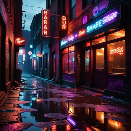 A dark and grimy alleyway behind a dance bar at night, illuminated by dim, flickering neon lights in shades of red and purple. The alley is narrow and lined with aged, graffiti-covered brick walls. Scattered trash and puddles reflecting the dim light create a gritty atmosphere. The scene feels damp and unwelcoming, with faint traces of smoke and steam rising from a nearby vent. Broken glass and discarded items litter the uneven ground. The distant hum of a neon sign and faint sounds of music leaking from the bar add to the urban, moody ambiance of the night.
<lora:SDXLFaeTastic2400:0.4> <lora:extremely_detailed:0.4> extremely detailed, Masterpiece,best quality,hi res,8k,hi res,8k,award winning,(sharp focus, intricate, highly detailed),