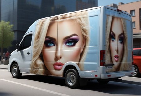 truck, parked, city, score_9, score_8_up, score_7_up, score_6_up, score_5_up, score_4_up, UHD, 8K, masterpiece, detailed, ultra_high_resolution, lots of detail, OverallDetailXL, detailxl, lapping car,print car,painted car style, vehicle focus, picture of female face on the truck, blonde heretic.