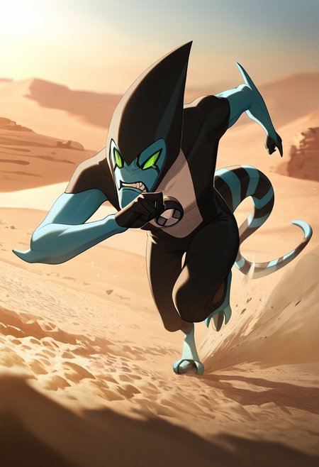 masterpiece, best quality, amazing quality, very aesthetic, absurdres, newest,, detailed background, 
 movie scene, cinematic scene, cinematic, foreground blur, depth of field, 
xlr8, blue skin, green eyes, 1boy, stripped tail, reptile tail, green sclera, pokemon (creature), alien, black chin,
in desert, running, trails, dust trial, sand dunes, angry, motion effect, fast,