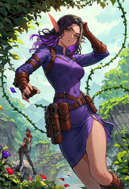 (score_9, score_8_up:1.1), score_7_ up, highly detailed, , zPDXL, ((1 girl,)) slender, petite ,Shadow elf ranger, natural stealth, dark brown hair with purple highlights, sharp green eyes, leather armor with wooden accents and climbing gear, tattoos resembling vines on her arms. she wear Dark purple shirt with puffed sleeves and intricate lace details, long flowing dark purple skirt with a slit in front ,  dynamic pose, detialed background
, masterpeice, detailed, intricated details, 8k, ultraclear <lora:detailed_notrigger:1>, wide angle, detailed scene, detailed faces, perfect quality, tranding on artstation, incredible details , Painstaking Attention To Details ,  <lora:OMG-Is-DucHaiten_v1.0:1> ziprealism
