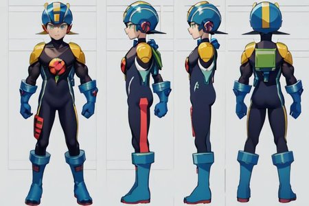 (official art, simple background, full body, standing, chara-sheet), (masterpiece, best quality), megaman, (dark blue boots), (red headwear, dark blue helmet with yellow stripe), (indigo bodysuit with yellow), covered collarbone, (yellow pauldron), (dark blue backpack), (dark blue gloves), (green eyes), (red circular chest piece), muscular, large pectorals, thick thighs