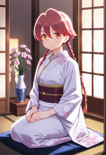 masterpiece, best quality,  absurdres, highres, cinematic light, 1girl,  <lora:yachiyo:1>, yachiyowz, red hair, long hair, twin braids, hair between eyes, gradient hair, orange eyes, kimono, japanese clothes, seiza, indoors, room, looking at viewer, smile, flower, vase