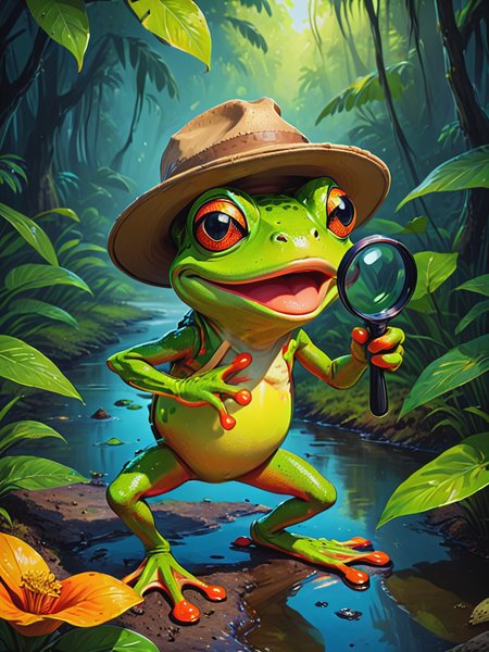 impactful color paint of  a funny cartoon character, a cheerful frog wearing a safari hat and wielding a magnifying glass, ready to embark on an exciting adventure through lush jungles and winding rivers.  <lora:Bold_Pop:0.7>...........  highly detailed, vibrant colors , 8k, sharp, professional, clear, high contrast, high saturated, , vivid deep blacks, crystal clear