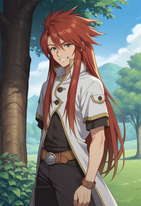 score_9, score_8_up, score_7_up, source_anime, highly detailed, 
lukefon, male focus, 1boy, red hair, solo, long hair, smile, grin, green eyes, shirt, black shirt, coat, high collar, white coat, upper body, belt, black pants,
outdoor, sky, tree,