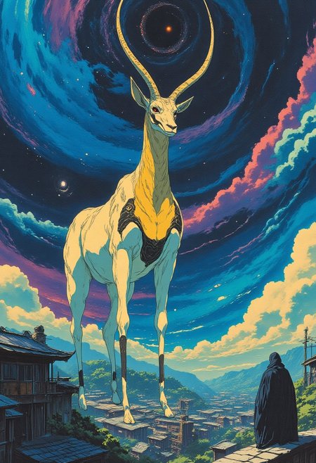 A hyper-realistic digital anime style, Illustration of a giant legendary oryx standing majestically behind an ancient city with traditional Japanese-style buildings. The oryx, colossal in scale, towers over the city, with its lower legs alone as tall as the tallest structures below. Its pelage is a pristine pale white, contrasted by striking dark markings along its elongated face and powerful legs. Its nearly straight horns stretch upward, reaching high above, casting long shadows across the cityscape. The mythical creature’s form radiates an aura of divine power, with subtle glowing patterns etched into its fur that shimmer like celestial symbols. The ochre neck of the scimitar oryx variant flows seamlessly into the pale body, while faint dark head markings accentuate its regal, god-like presence. The sky bursts with vivid, dynamic colors — deep blues, radiant purples, and brilliant oranges — giving the scene a fantastical, awe-inspiring backdrop. The buildings below are detailed with tiled roofs and wooden facades, their scale emphasizing the monumental size of the oryx. Hints of golden light reflect off the animal’s sleek coat, making it appear almost ethereal, a deity watching over the city with silent majesty.