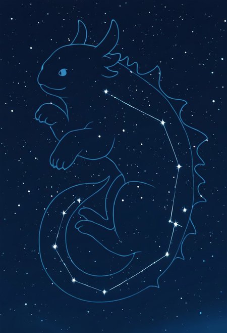 masterpiece, best quality, newest, absurdres, highres, anime, anime style, LSCV1.0, constellation, star (sky), starry sky, night sky, night, starry sky, no humans, animal, animal focus, axolotl, silhouette, monochrome,